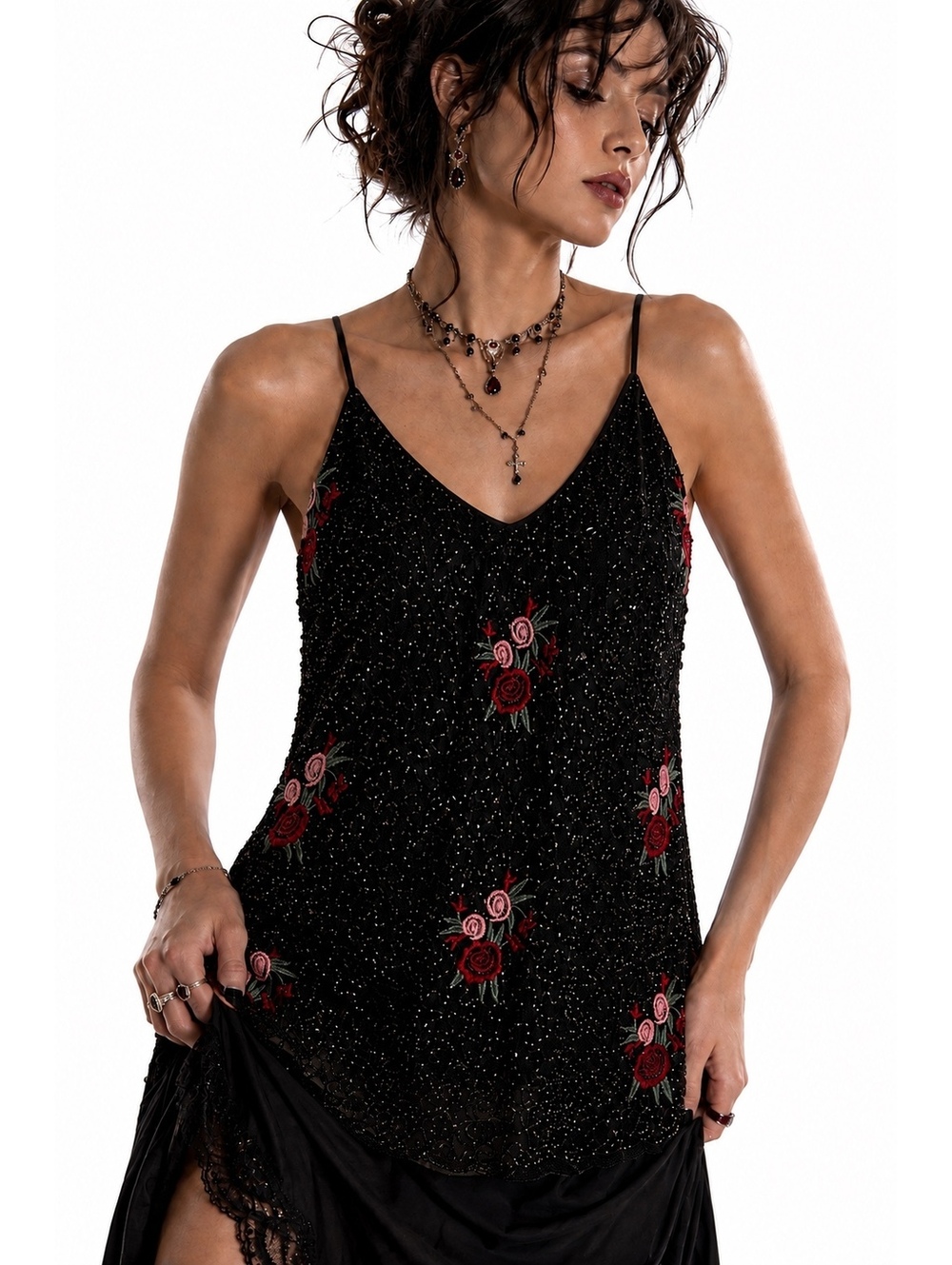 Romeo + Juliet Couture Glass Beaded Floral Embroidered Tank Top Black M NWT